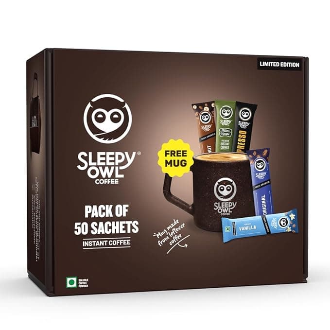 Sleepy Owl Instant Coffee Gift Pack | 50 Coffee Sachets + Free Mug | Assorted Flavours: Original, French Vanilla, Hazelnut, Xpresso & Filter Kaapi | Perfect Premium Coffee Gift Set