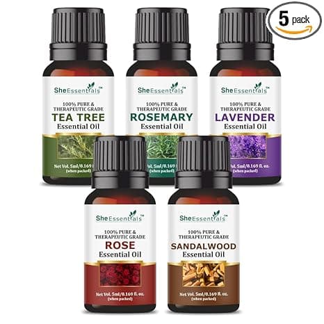 Tea Tree, Rosemary, Lavender, Rose & Sandalwood Essential Oils | For Skin, Face, Hair & Aromatherapy | Reduces Acne, Wrinkles & Promotes Hair Growth | Suitable for Women & Men - 5x5ml