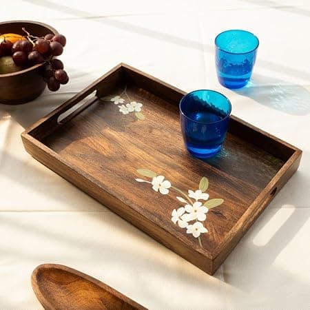 Bella Mango Wood Medium Tray | Wooden Handpainted Serving Tray | Snacks Serving Tray for Home Kitchen and Cafe Restaurant (16 x 10.5 x 1.75 in)