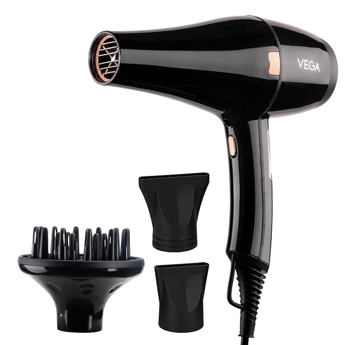 Vega Pro-Xpert 2200W Professional Hair Dryer for Women with 2 Speed/3 Heat Settings, Cool Shot Button, Diffuser & 2 Detachable Nozzles, Travel Friendly, (VHDP-03), 2000 Watts, Black