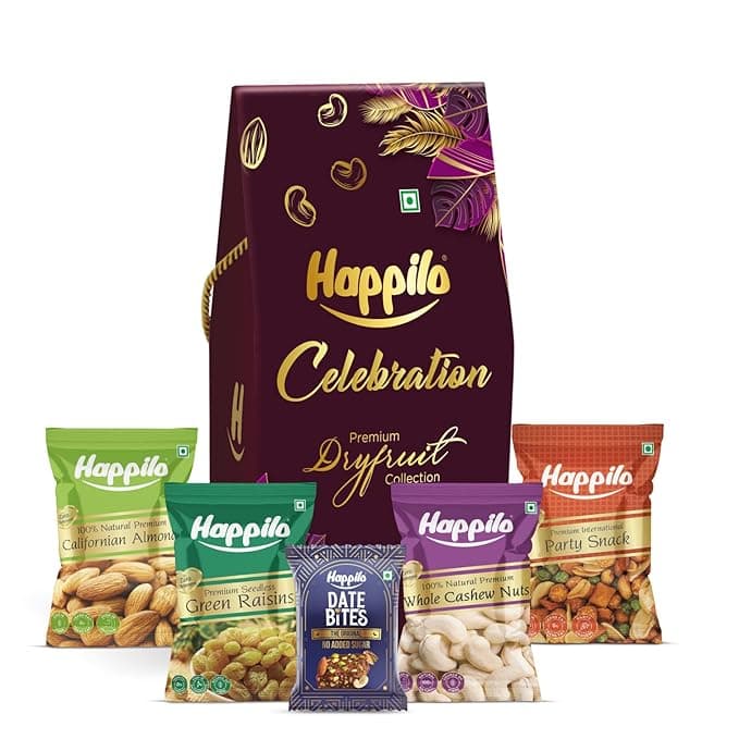 Happilo Premium Celebrations Gift Pack with 5 Inclusions | Almond, Cashew, Raisin, Date Bite, Party Snack, | Dry Fruits Gift Box | DOVE Gift Set for Birthday's and Anniversaries