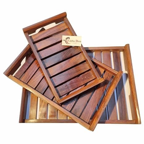 Wooden Serving Trays Modern Style With Cutout Handle Large, Medium And Small For Food, Wooden Trays For Breakfast - Natural Wood And Brown (Set of 3) Rectangular