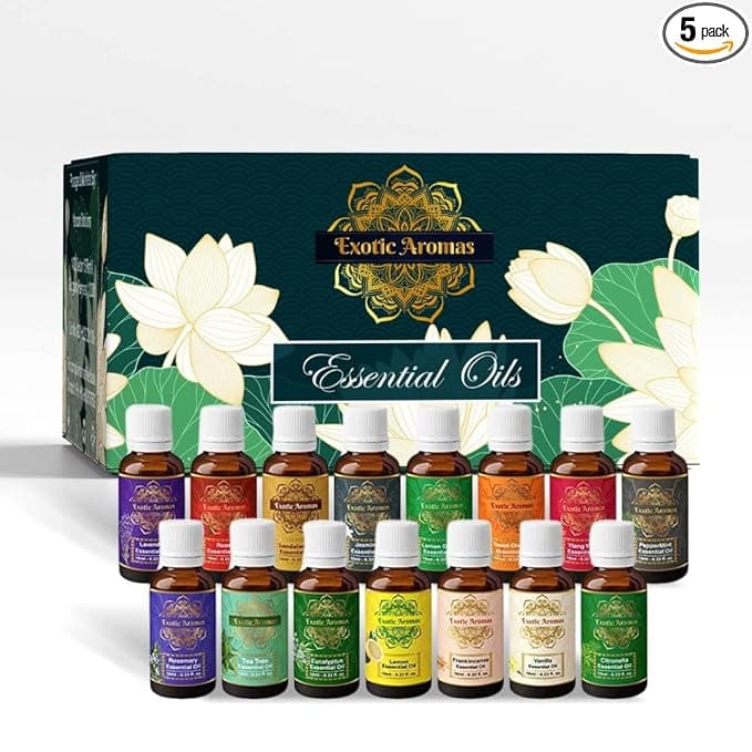 Exotic Aromas Essential Oil Pack of 15 Lavender Rose Sandalwood Jasmine Orange Rosemary Lemongrass Ylang Ylang Tea Tree Peppermint Eucalyptus Lemon Frankincense Vanilla Citronella