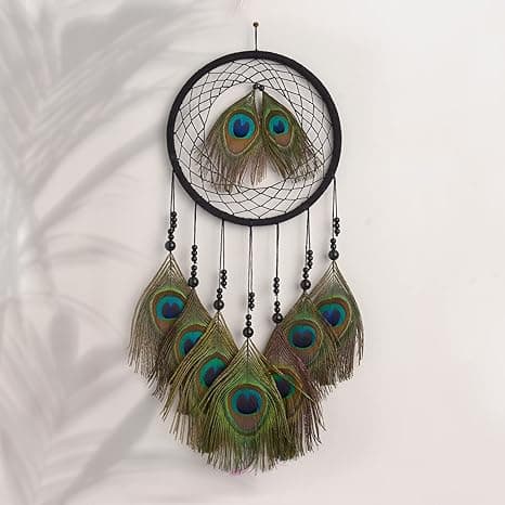 Original handicrafts Peacock feather wall decor dream catcher for bedroom, living room, Natural Wall decor, Wall hanging Multicolor Dreamcatcher Positive Energy (18/45 cm) Black