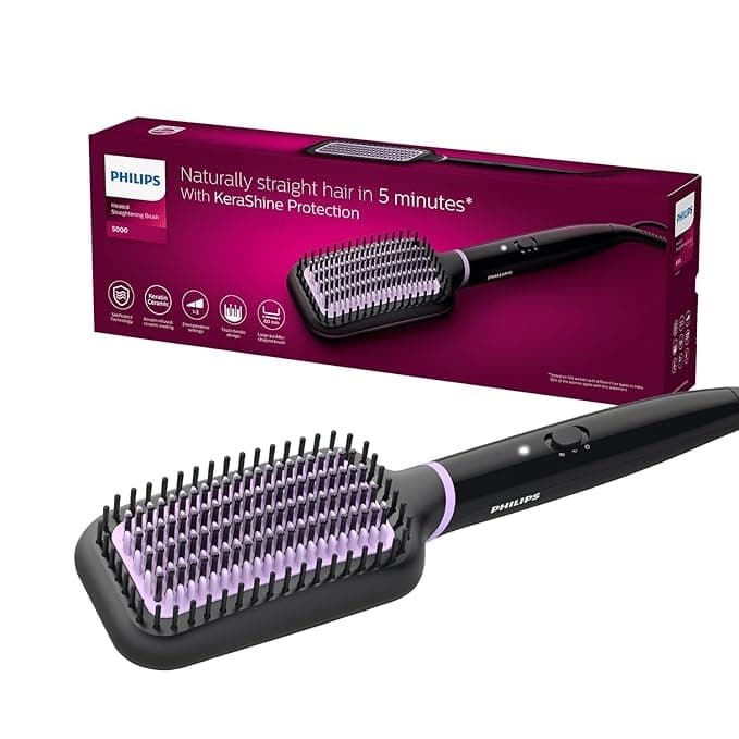 PHILIPS Hair Straightener Brush - 5X Better Frizz Free Hair In 5Min I Style With 2X More Volume|Shiny And Smooth Hair I No Scalp Burns I Keratin Bristles I 2 Temperature Settings|Bhh880/10,Black