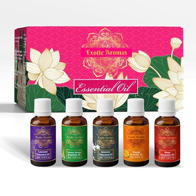 Exotic Aromas Essential Oil - Lavender oil, Lemongrass oil, Jasmine oil, Orange Oil, Rose oil (Pack of 5)