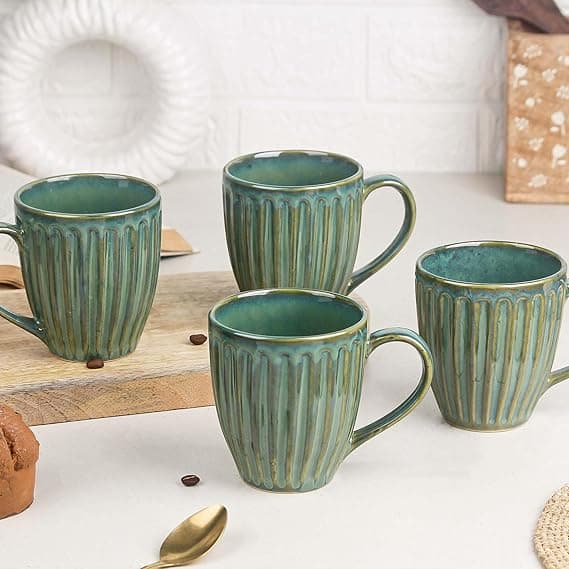 The Earth Store Glam Green Studio 330ml Ceramic Coffee Mug Microwave & Dishwasher Safe, Coffee Mug for Gift | Ideal for Coffee, Tea, and More Ceramic Coffee Mug Set of 4