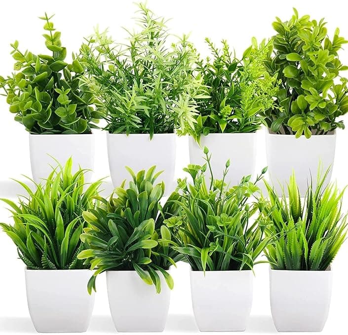WYTE ORIGIN Artificial Potted Plants – Green Eucalyptus, Indoor Small Pots (Set of 8)