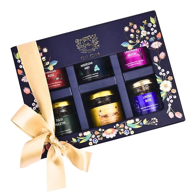 OH CHA - Assorted Teas Gift Box | Tea Gift Set With 6 Flavors | Festive Gift Box | Green Tea, Black Tea, Herbal Tea | Birthday Gift For Girls, Men, Women, Healthy Gift Pack, Loose Leaves