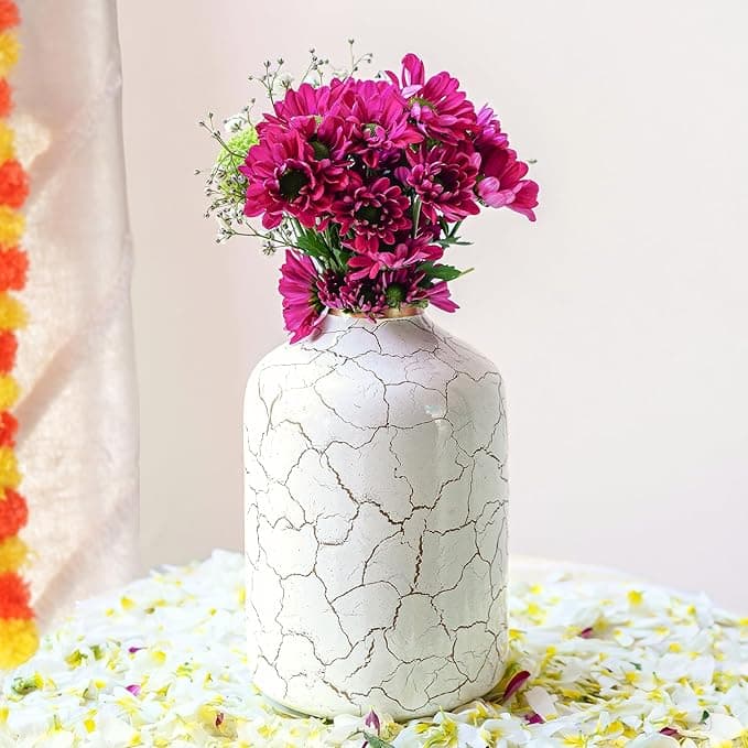 Behoma Metal Flower Vase for Home Decor Bedroom Living Room Office Wedding | Table Decorative Item for Festivals Birthday Off-White Crackled 1Pcs(10.5 X 15.7 Cm) (Flower Not Included, Modern)